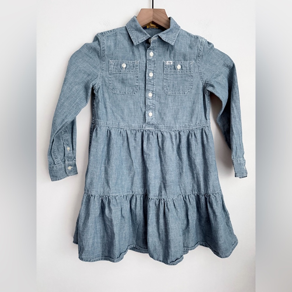 Polo Ralph Lauren girls blue chambray tiered dress long sleeve 6X